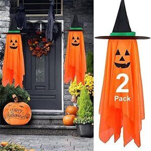 Halloween Decor, 2 Pack Orange Pumpkin Wizard Hat Pre-Installed Pumpkin Ghost